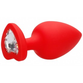 Красная анальная пробка с прозрачным стразом Extra Large Diamond Heart Butt Plug - 9,5 см.